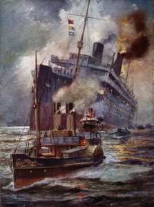 Torpedoed liner assisted into port by Charles John de after Lacy